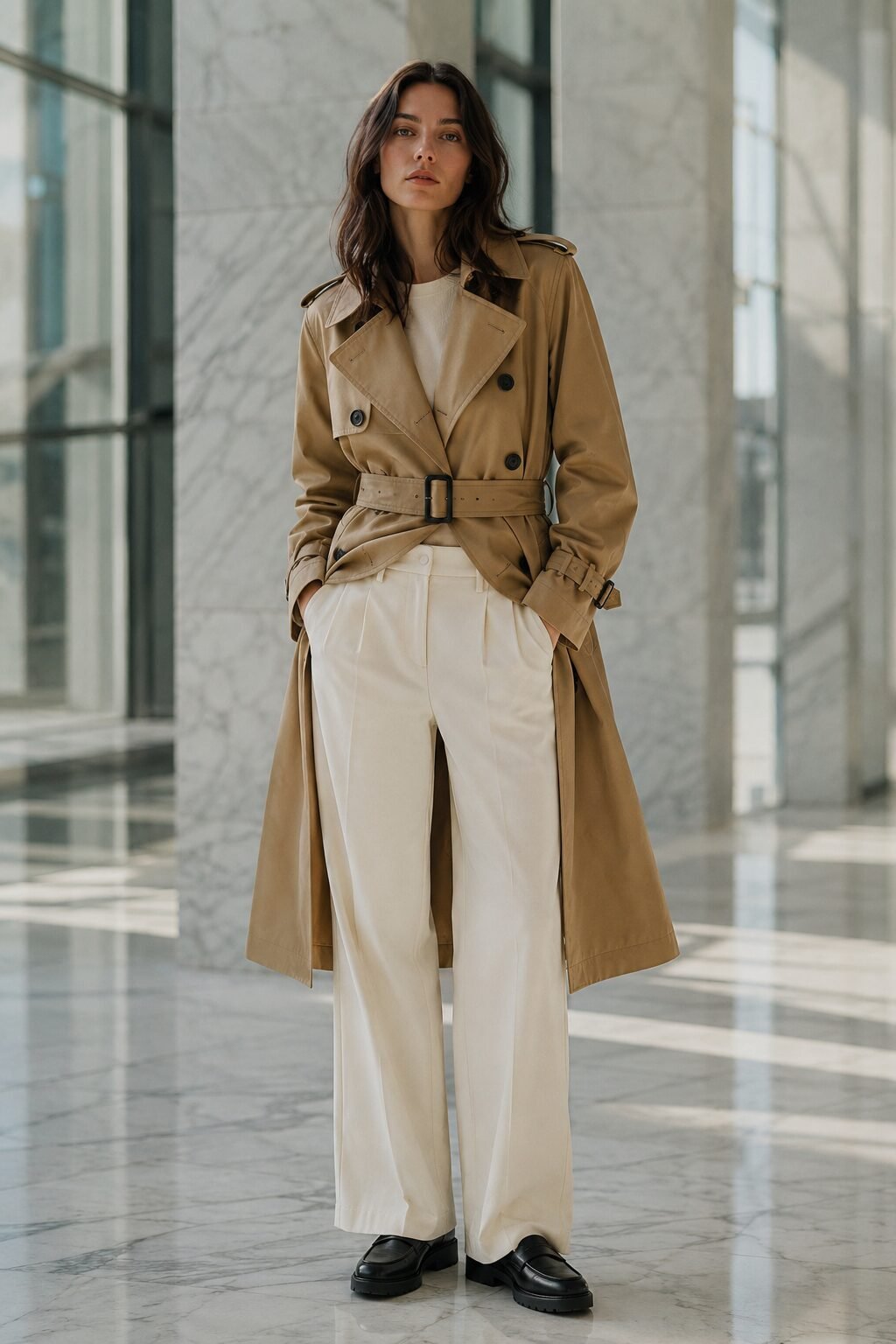 how to style a trench coat with wide-leg trousers: camel trench coat, black wide-leg trousers, and burgundy loafers