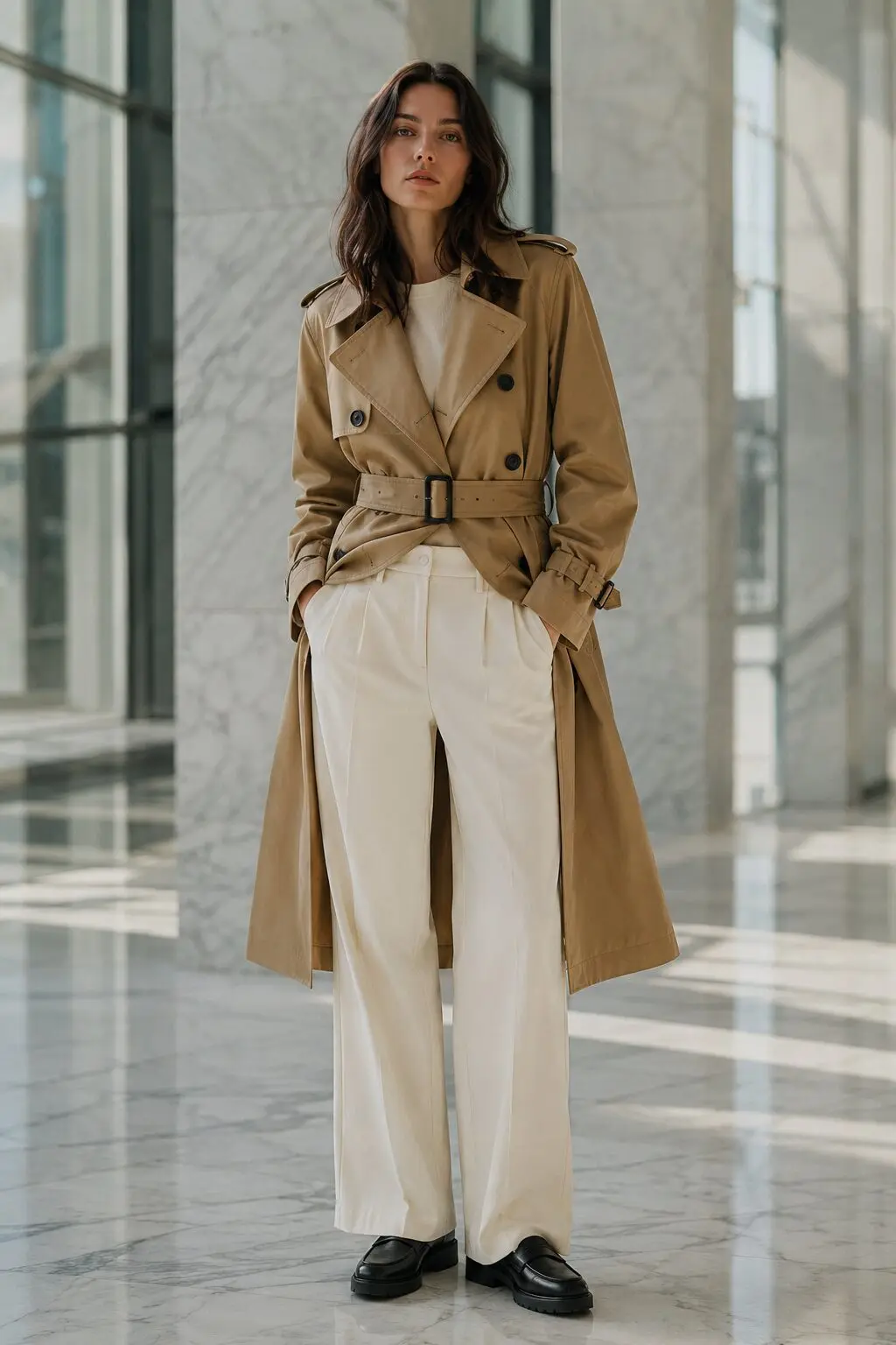 how to style a trench coat with wide-leg trousers: camel trench coat, black wide-leg trousers, and burgundy loafers