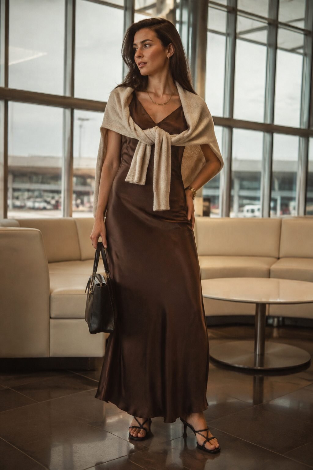 how to style a cardigan with a dress: heathered taupe cashmere cardigan tied over shoulders of dusty rose silk slip dress, travel outfit