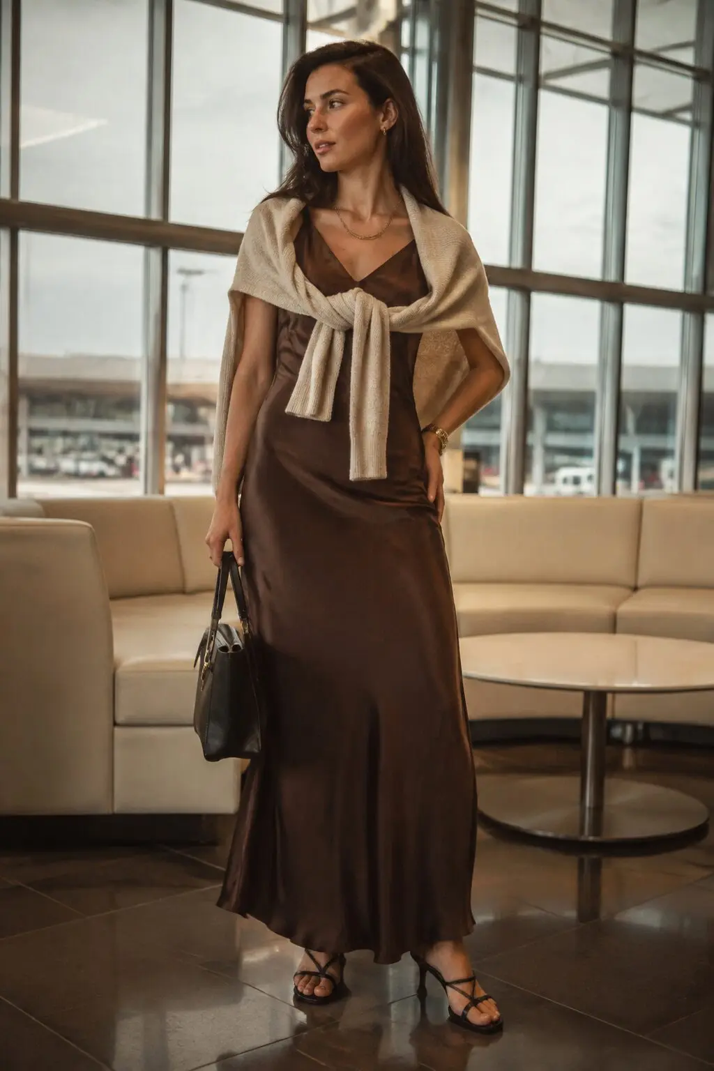 how to style a cardigan with a dress: heathered taupe cashmere cardigan tied over shoulders of dusty rose silk slip dress, travel outfit