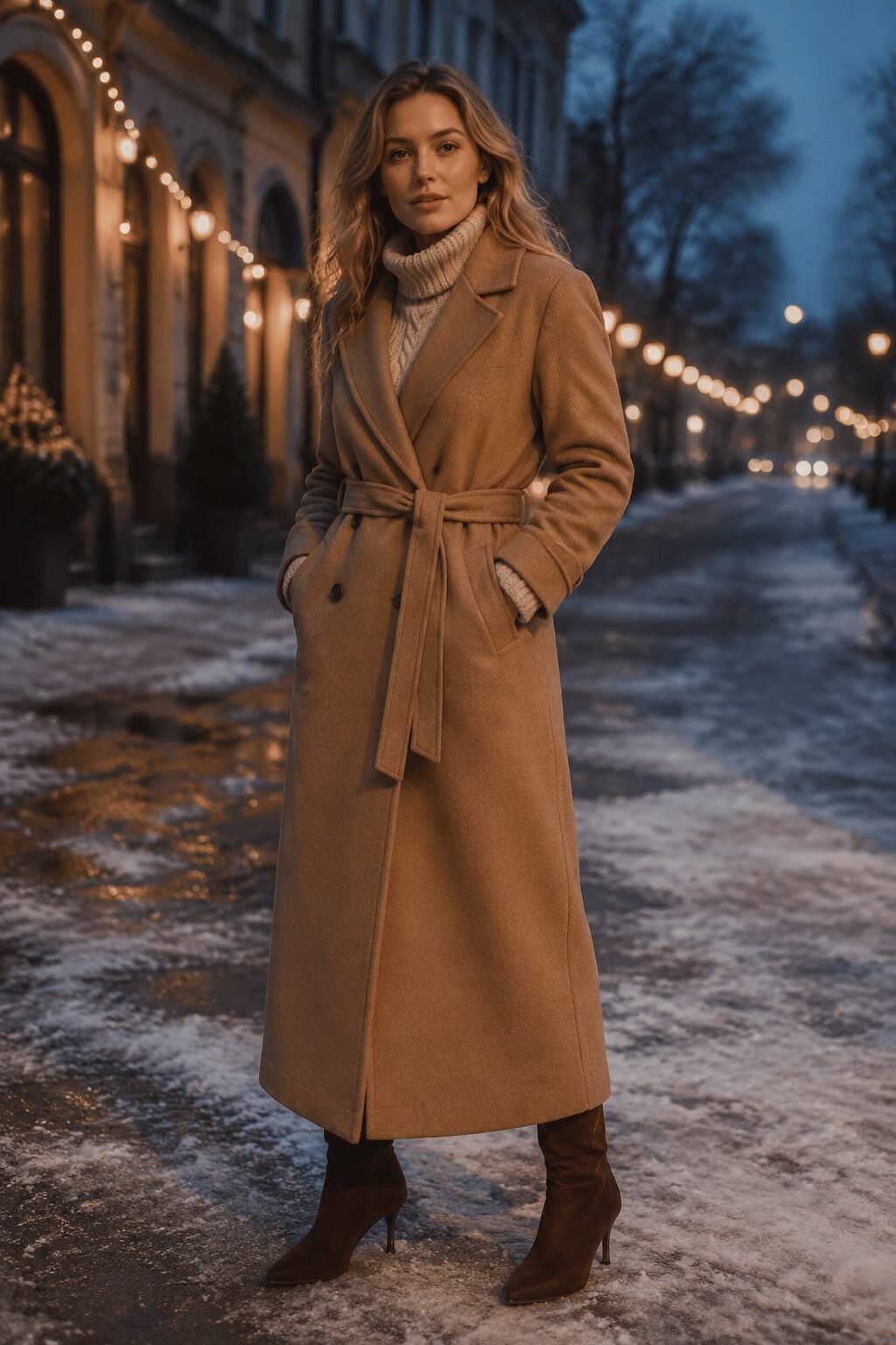 camel hair double-breasted wrap coat belted over an oatmeal cashmere turtleneck, an evening outdoor christmas outfit