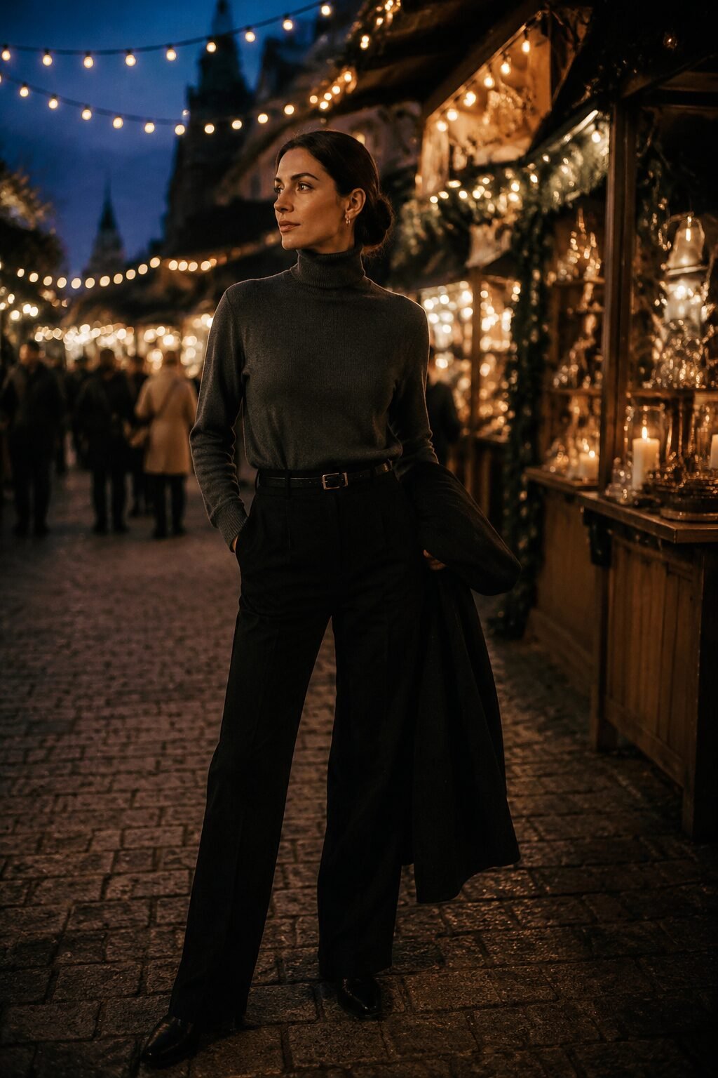 vamp romantic christmas outfit: charcoal cashmere turtleneck and black trouser for an outdoor holiday market