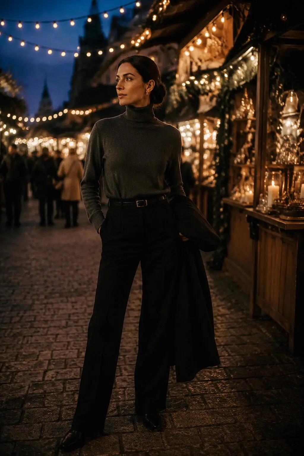 vamp romantic christmas outfit: charcoal cashmere turtleneck and black trouser for an outdoor holiday market