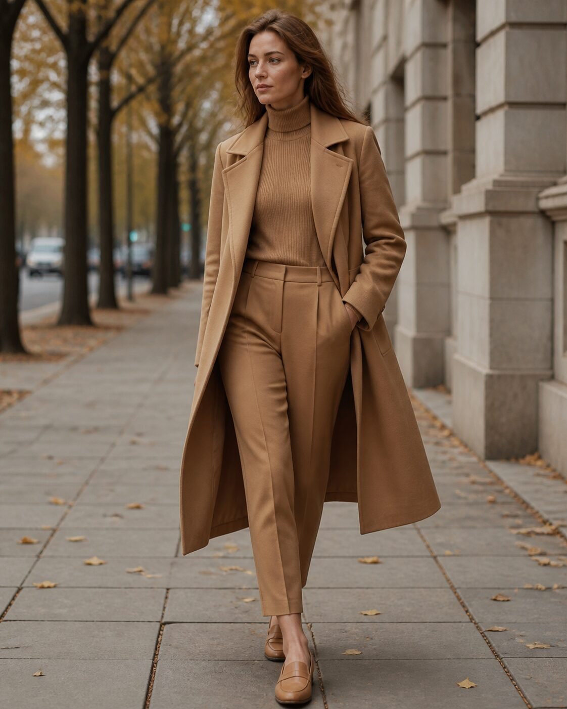 90s fashion look inspired by Carolyn Bessette Kennedy: camel wool coat and ankle trousers with loafers for late fall office style