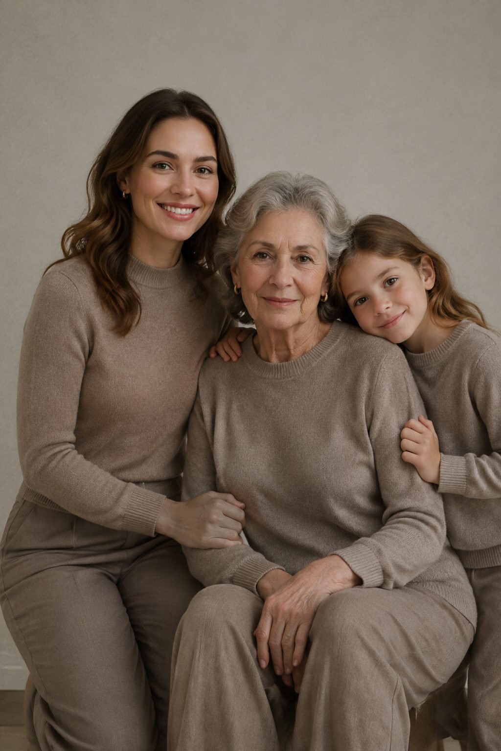multi-generation family christmas outfits in a neutral gradient: mother in taupe as the mid-tone anchor