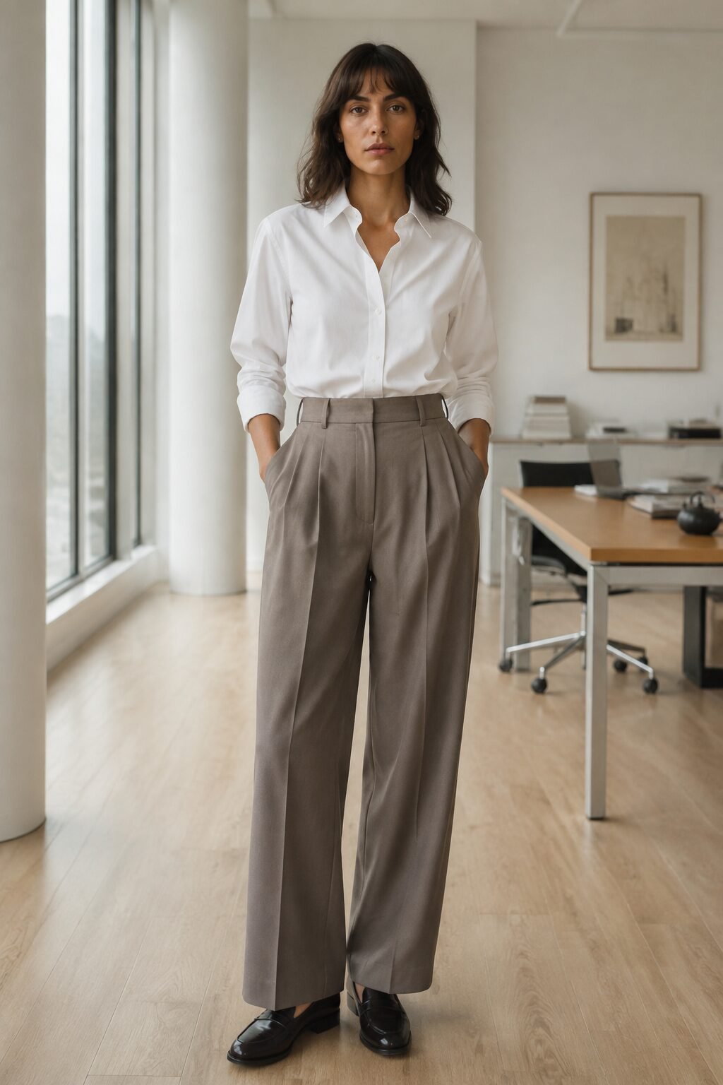 carolyn bessette kennedy style office outfit: white button-down shirt tucked into taupe pleated trousers