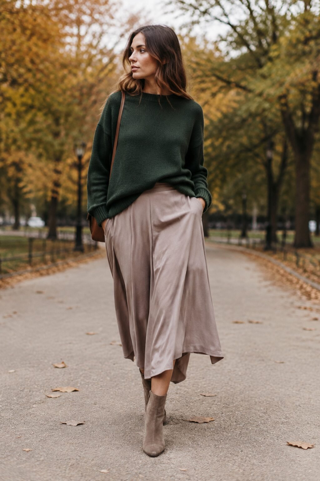 fall capsule outfit formula: forest green crewneck sweater half-tucked into a taupe midi skirt with ankle boots
