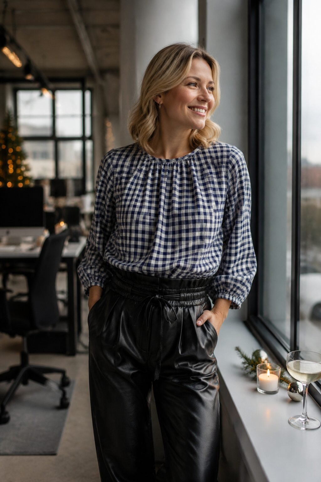 cool toned winter outfit: blue check blouse tucked into faux leather paperbag trousers for an office holiday party