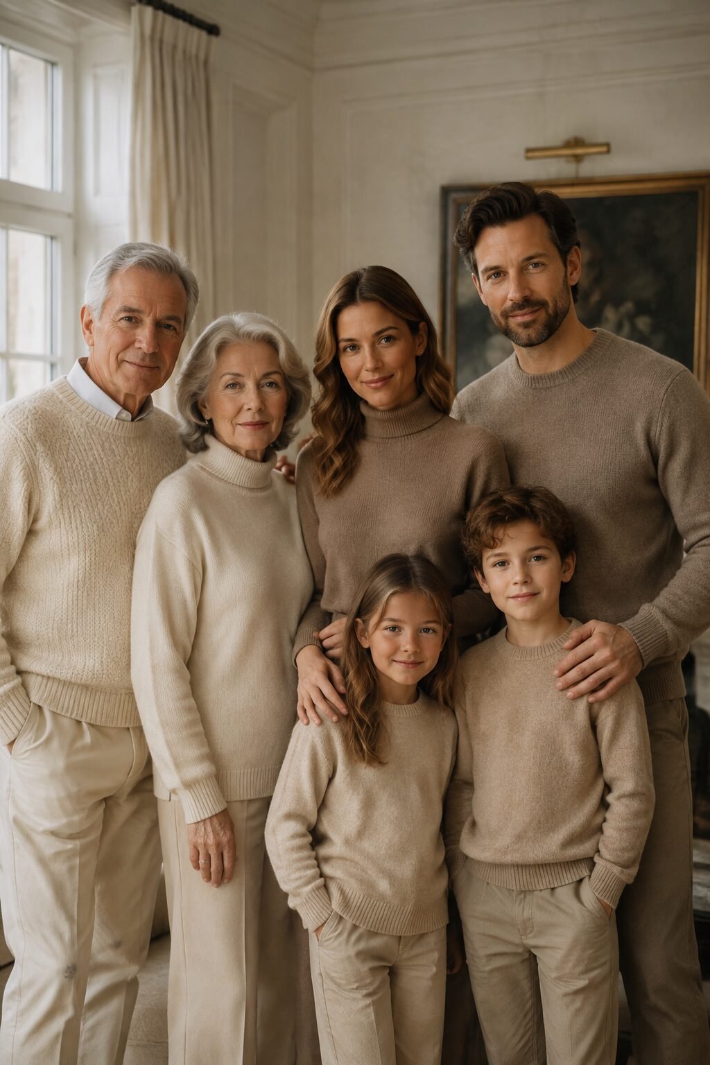 multi-generation family christmas outfits in a neutral gradient: mother in taupe as the mid-tone anchor