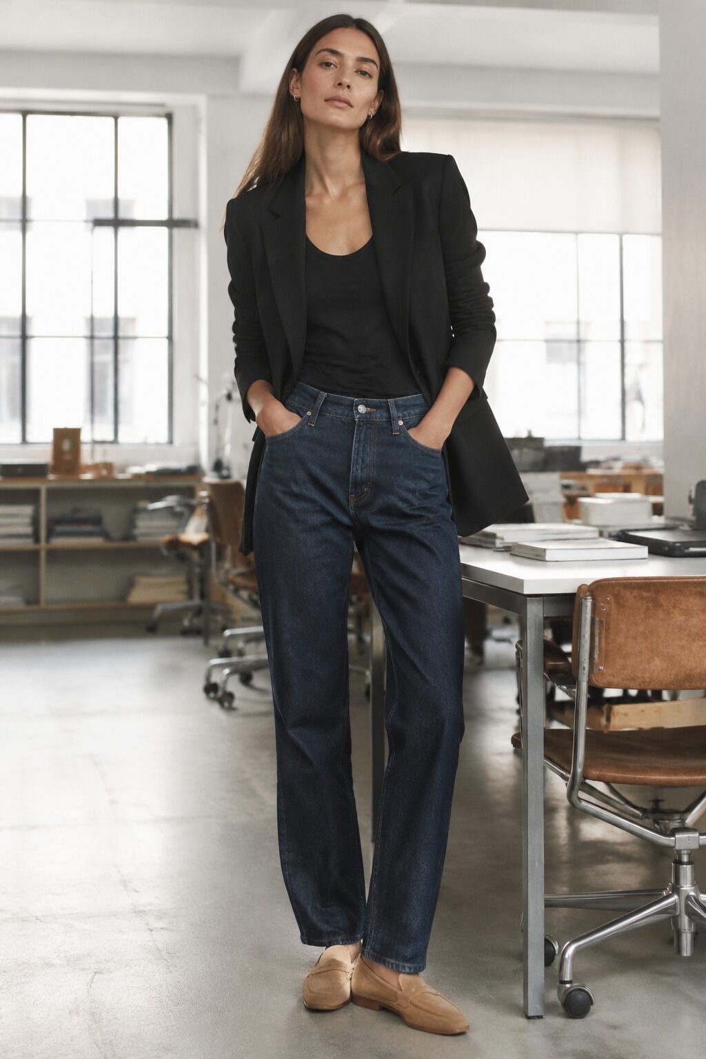 black tailored blazer with indigo straight-leg jeans and tan suede loafers, casual fall capsule outfit