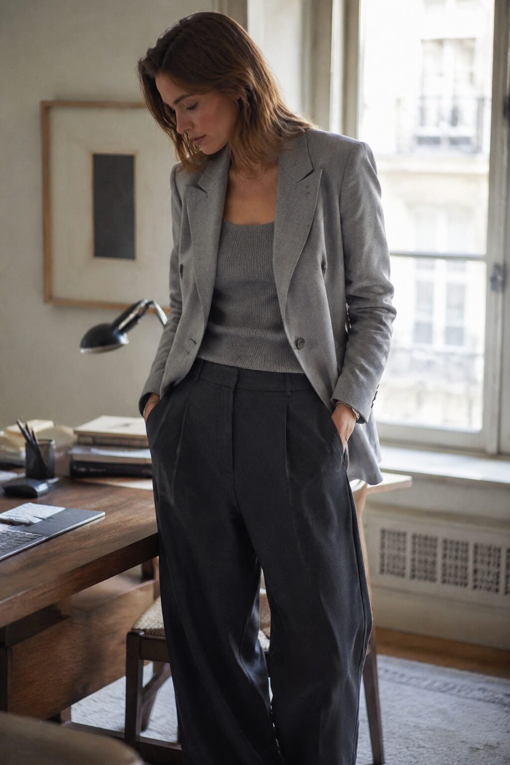 fall capsule wardrobe outfit idea: dove grey soft blazer and knit tank for a work-from-home video call outfit