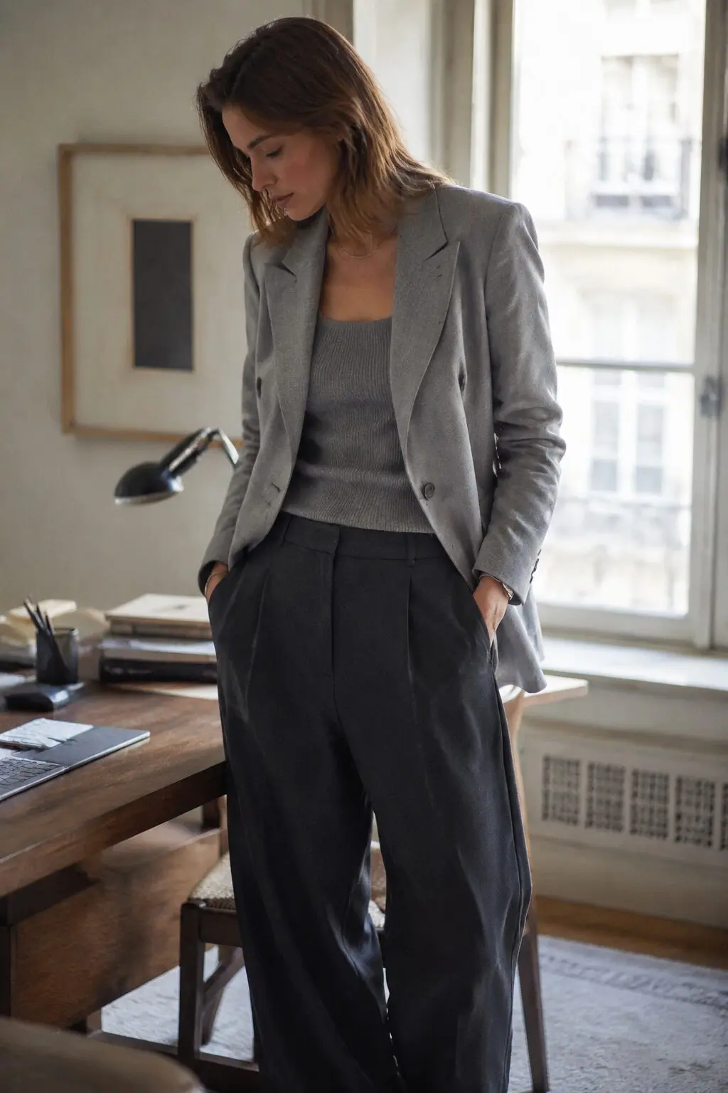 fall capsule wardrobe outfit idea: dove grey soft blazer and knit tank for a work-from-home video call outfit