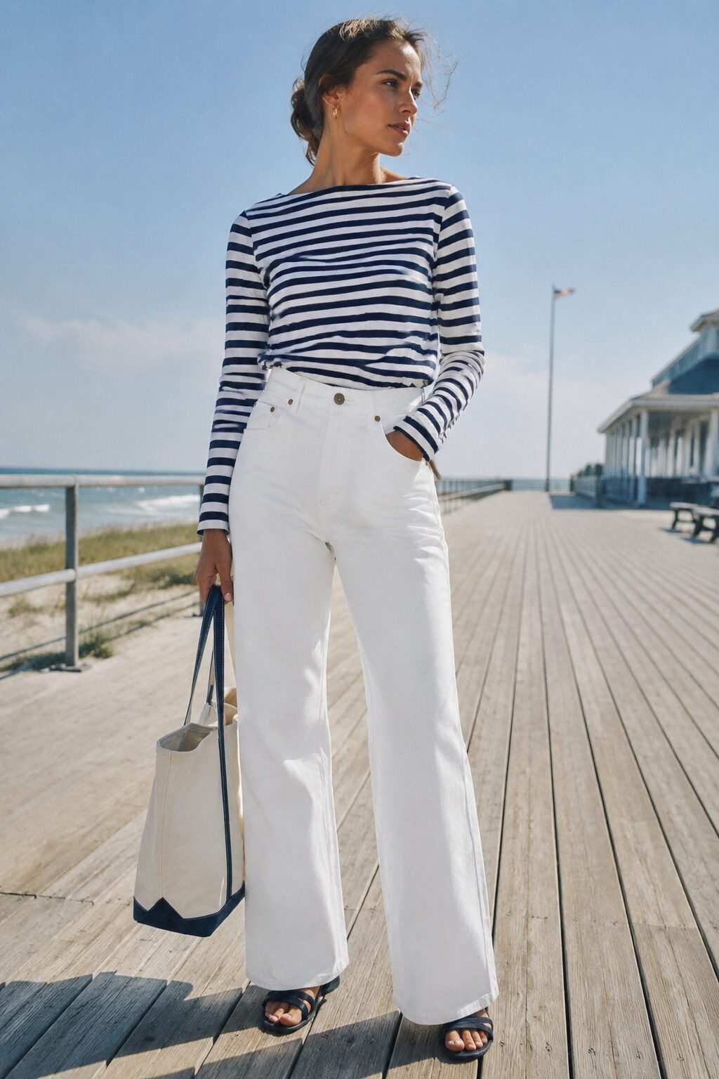 Carolyn Bessette jeans outfit: navy and white striped boatneck top tucked into wide-leg denim for a coastal weekend