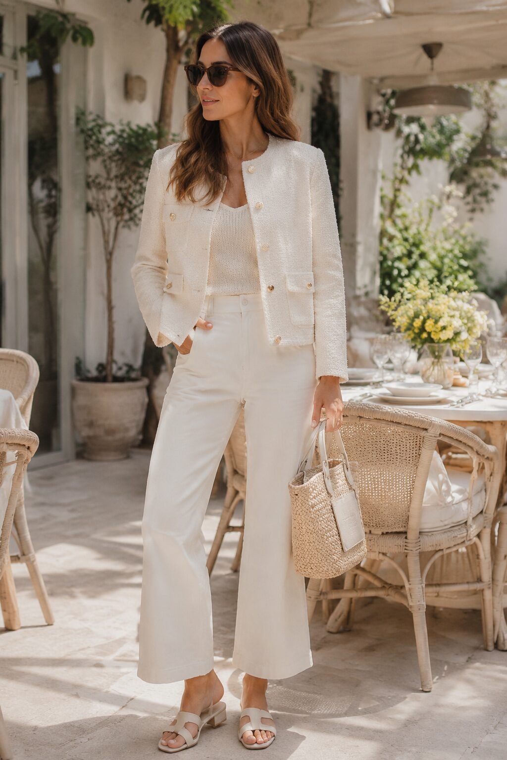 weekend brunch outfit in ecru: boxy ivory boucle blazer with cropped wide-leg jeans