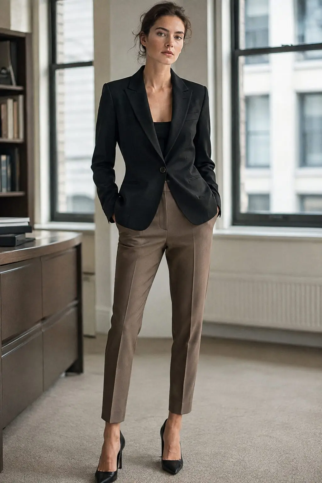 taupe cigarette pants and fitted black blazer office outfit
