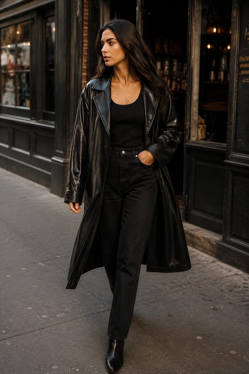 city bootcut jeans outfit inspired by Carolyn Bessette Kennedy: corset-style knit top, cream blazer draped over the shoulders, and slide sandals