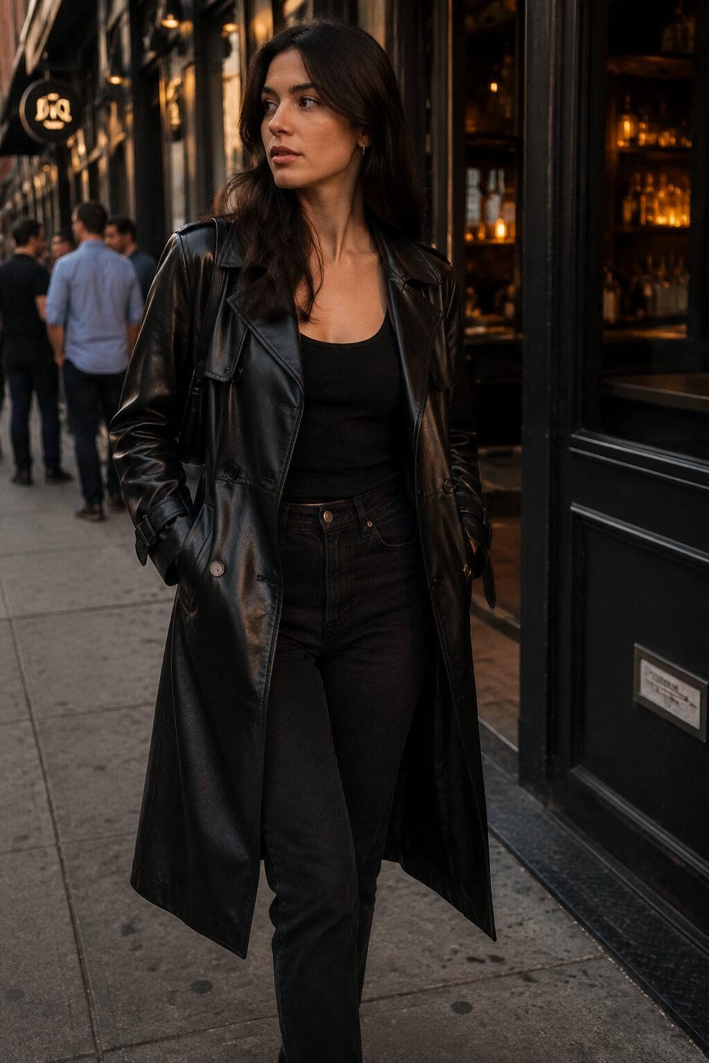 black faux-leather trench coat, ribbed tank top, and straight-leg jeans, evening jeans and coat outfit