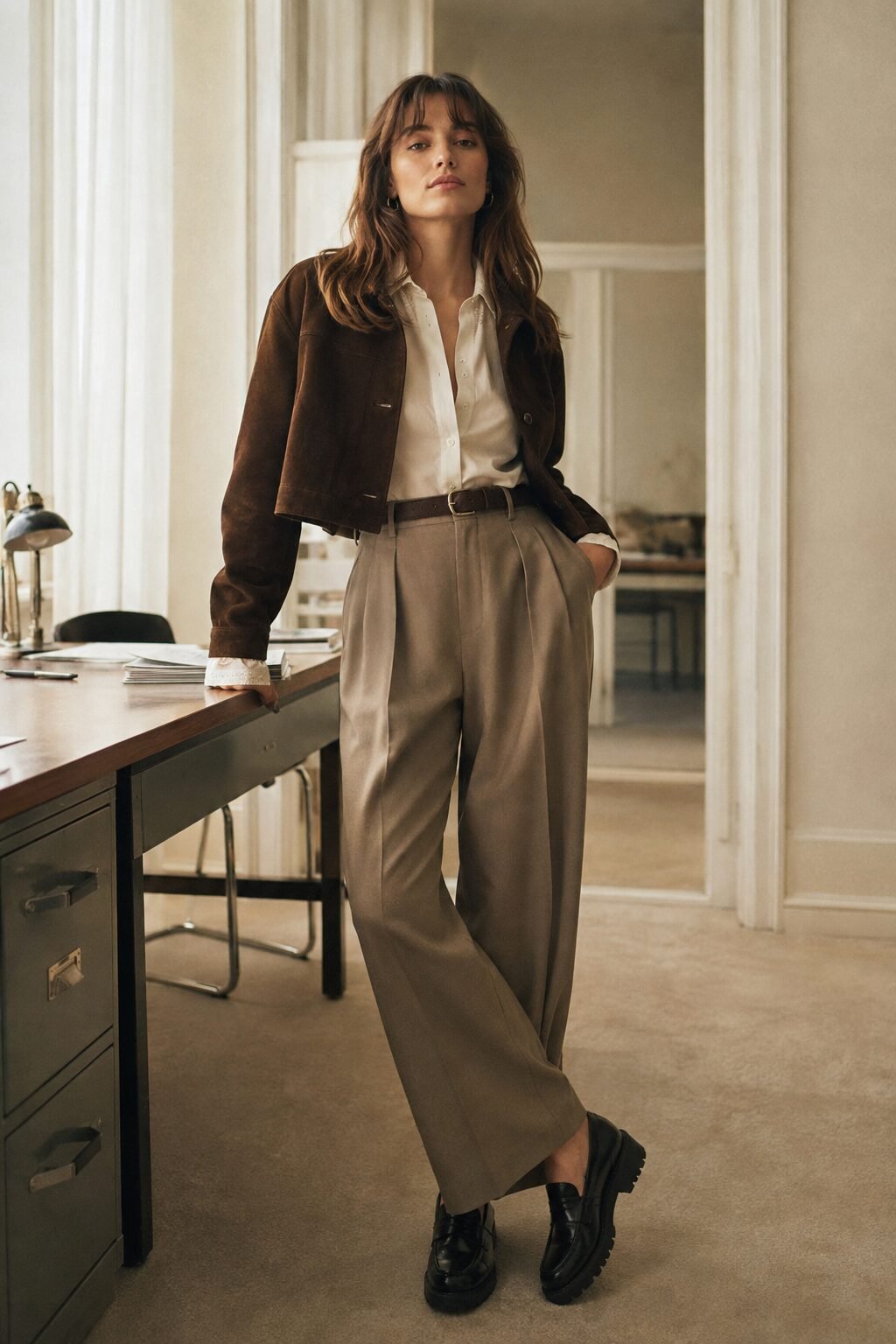 how to style a suede jacket with a button-down shirt: chocolate suede jacket over an ivory lace-trimmed blouse