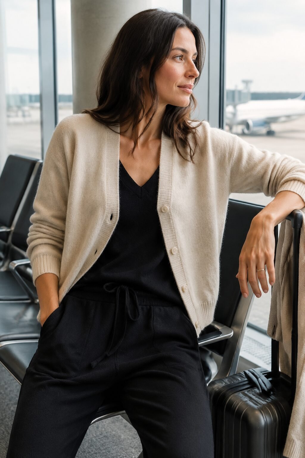 how to style a cardigan with athleisure: cream cashmere cardigan over black jogger set, travel outfit