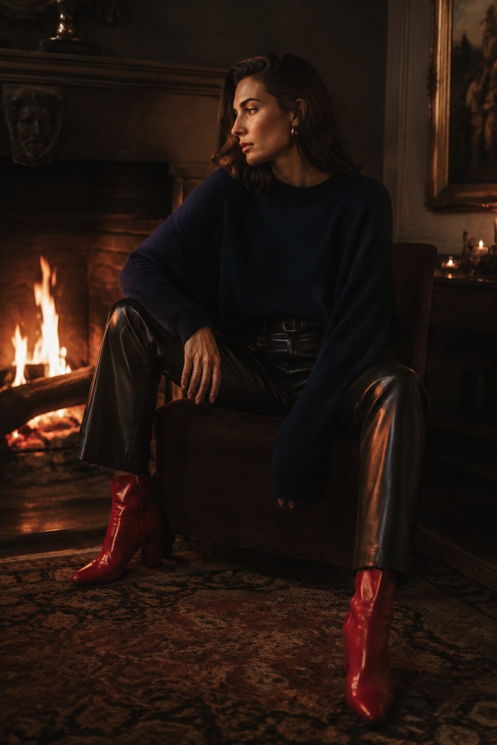 gothic glam holiday outfit: navy cashmere sweater, black leather trouser, and ruby ankle boots for a fireside evening