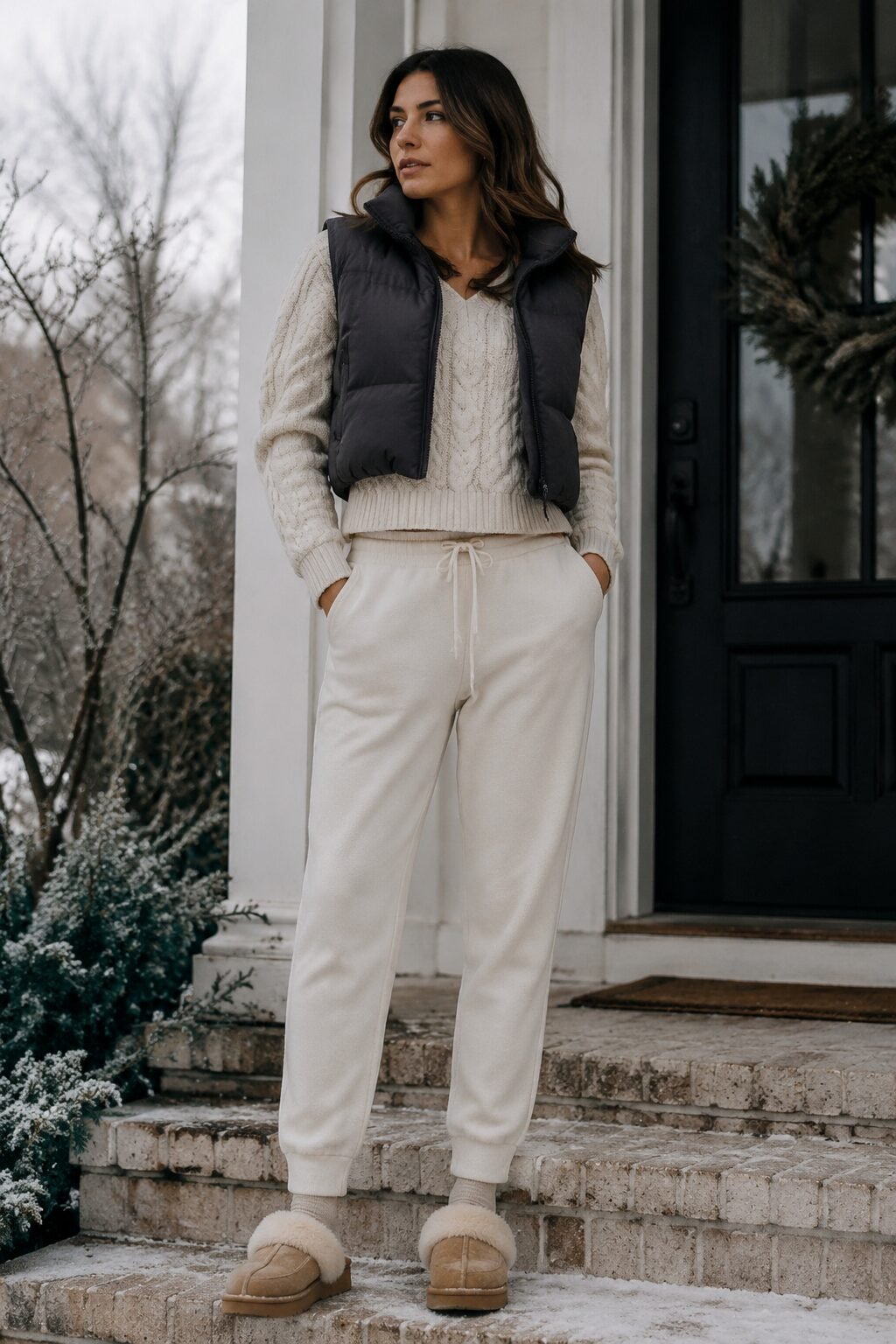 cozy christmas day outfit ideas: charcoal puffer vest, cream cable knit, and tapered joggers for a quick errand