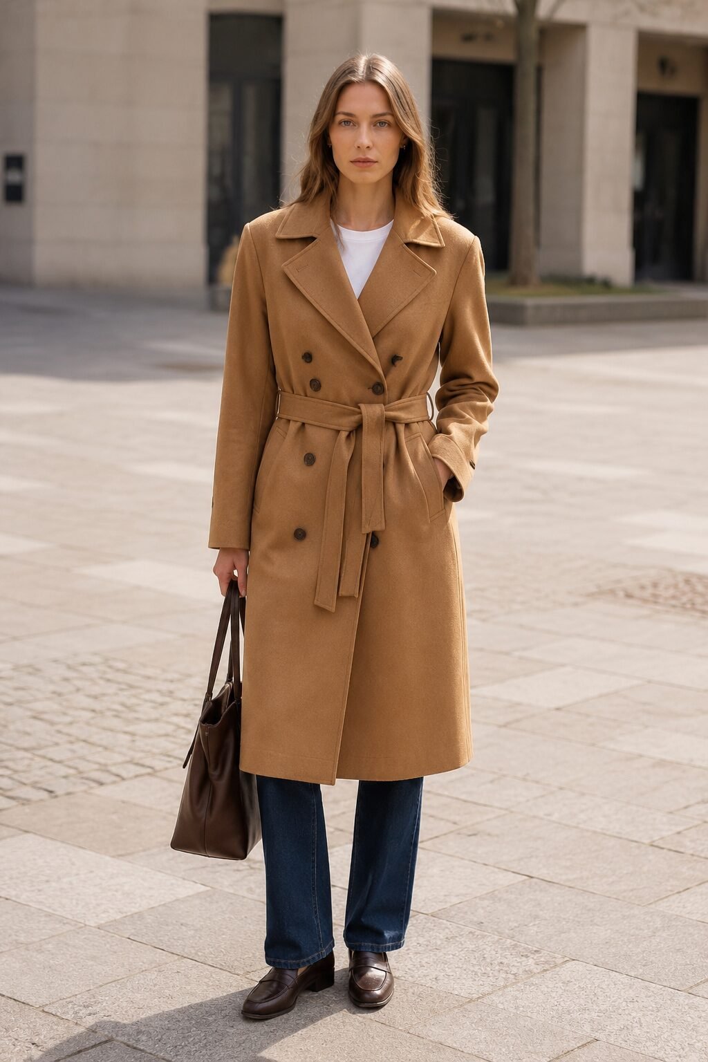 carolyn bessette kennedy outfit inspiration: camel double-breasted coat over straight indigo denim