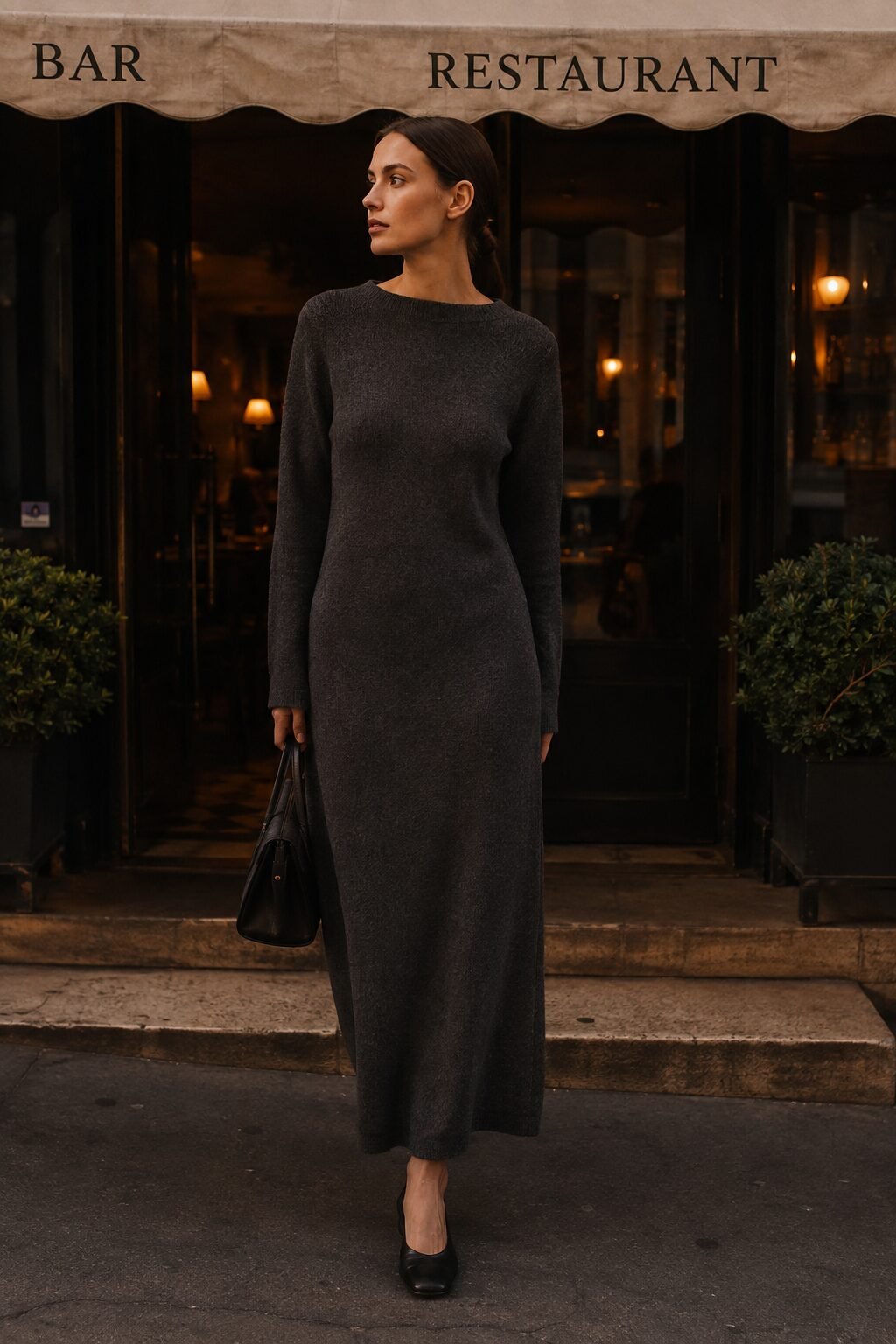 charcoal column silhouette knit dress, a sleek 90s minimalist dinner outfit