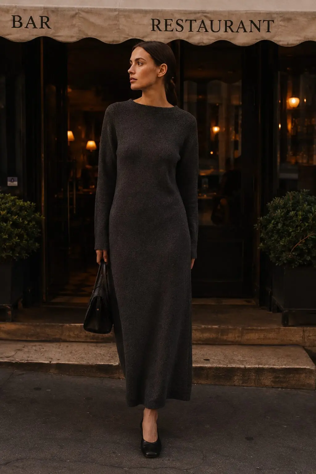 charcoal column silhouette knit dress, a sleek 90s minimalist dinner outfit