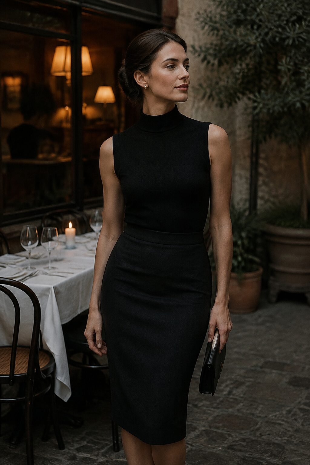 90s style icon outfit inspiration: black sleeveless turtleneck and fitted pencil skirt for dinner out