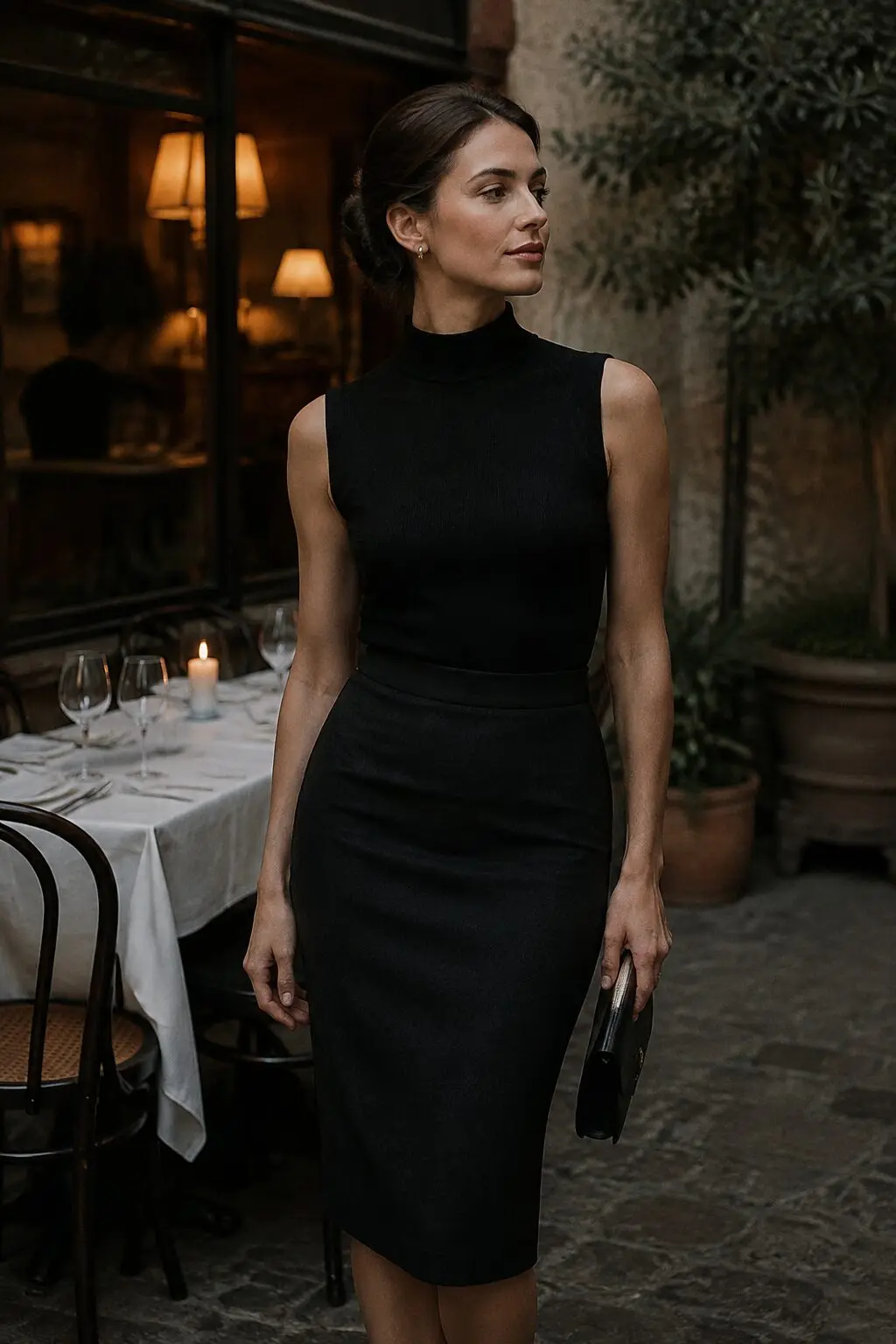90s style icon outfit inspiration: black sleeveless turtleneck and fitted pencil skirt for dinner out