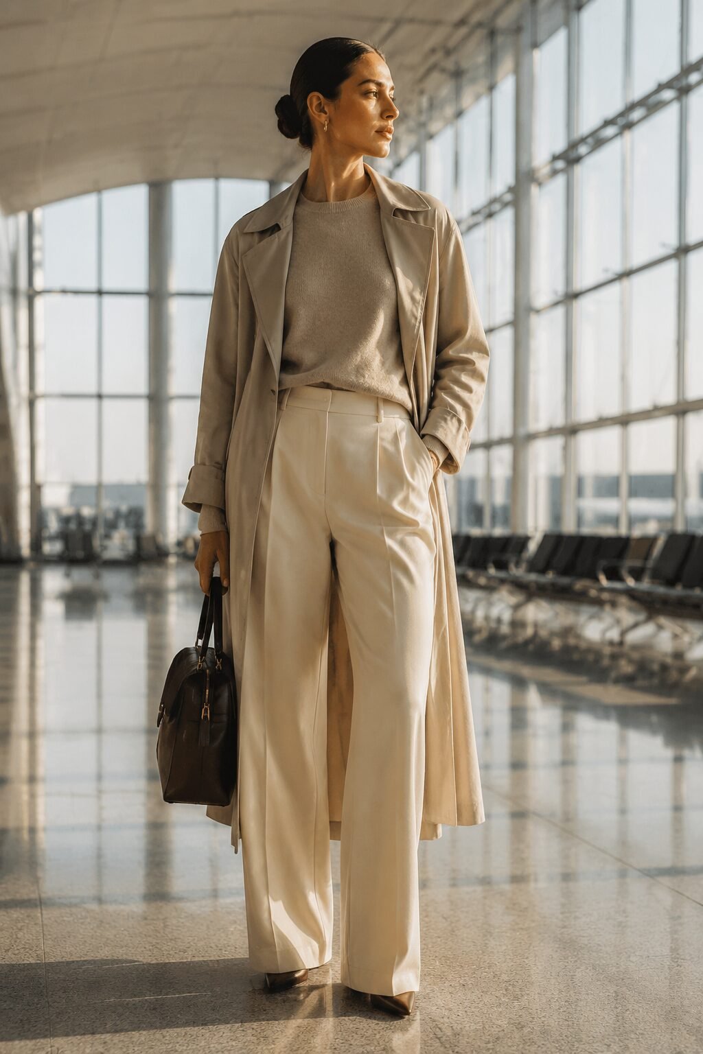 stone cashmere crewneck tailored trouser and unlined trench coat travel outfit in the carolyn bessette style