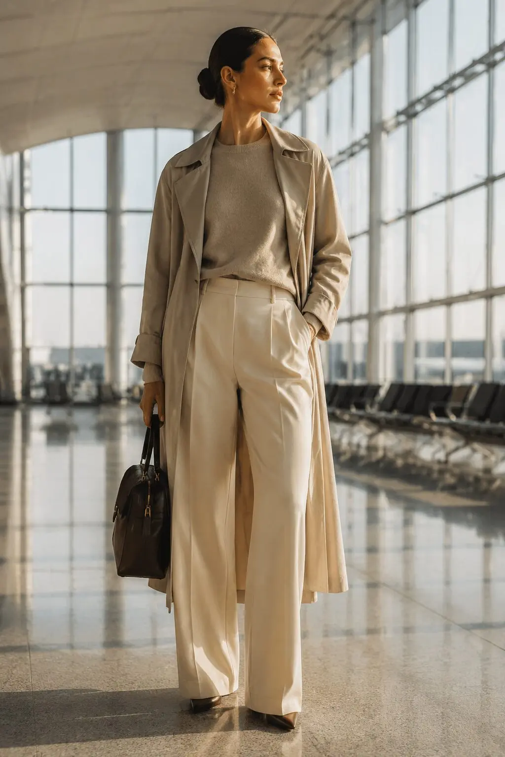 stone cashmere crewneck tailored trouser and unlined trench coat travel outfit in the carolyn bessette style