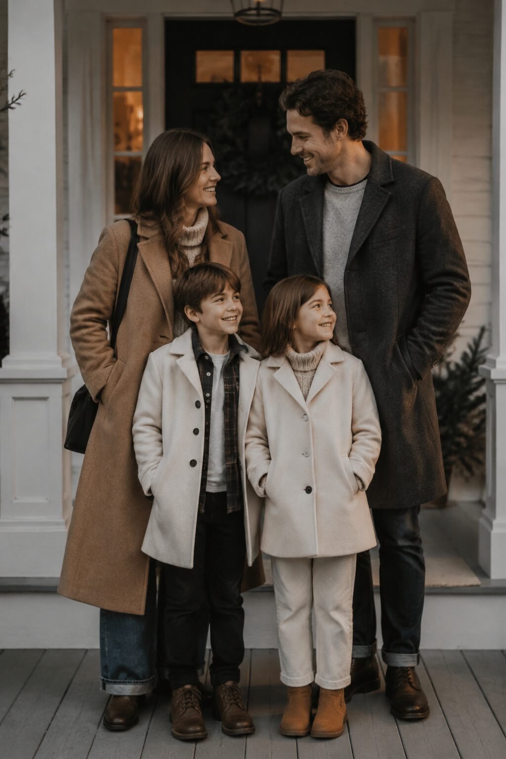 family christmas outfit idea for a drive to see lights: mother in a camel wool coat over a free-form outfit
