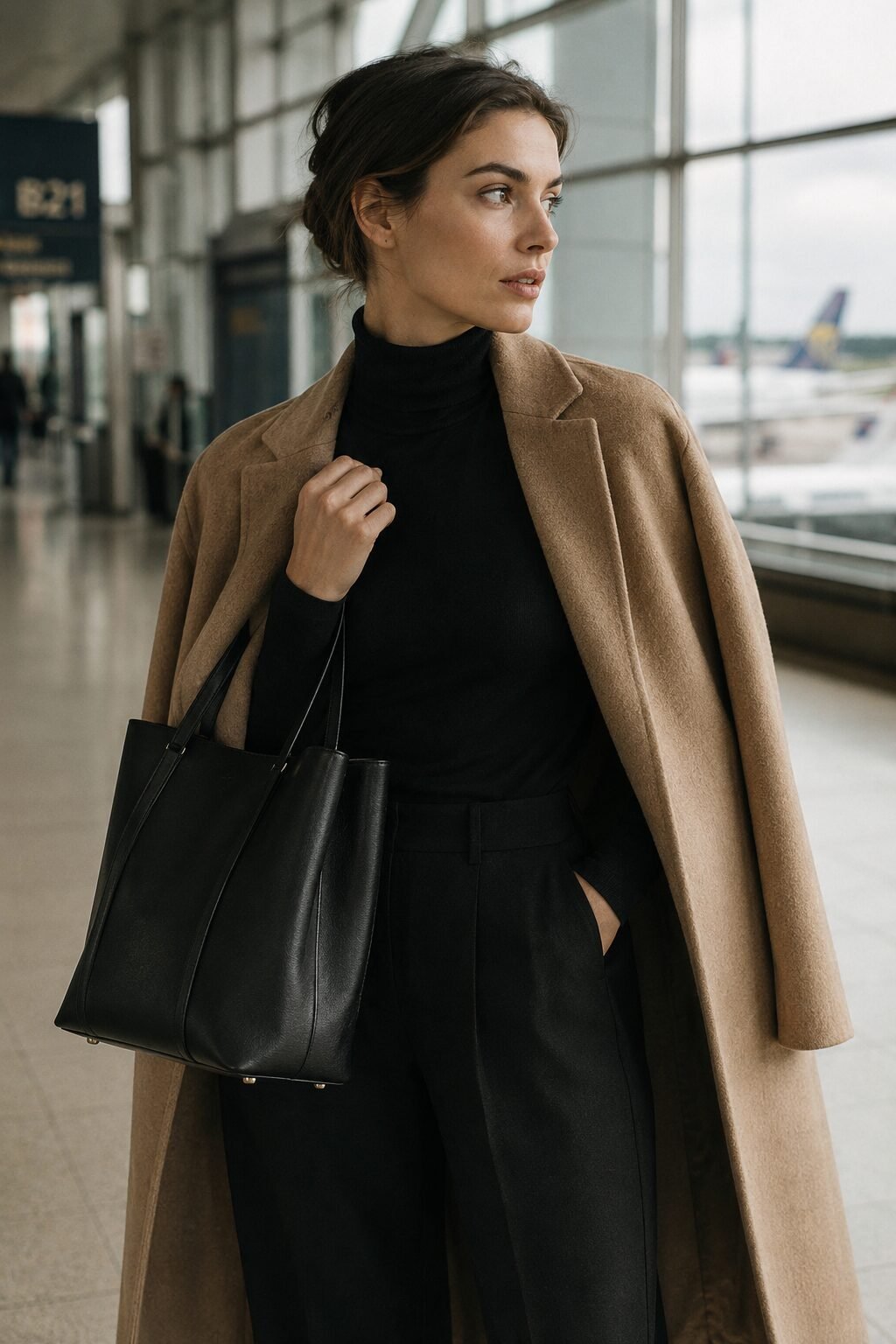 black turtleneck and trousers with camel wool coat draped over shoulders, travel day capsule outfit