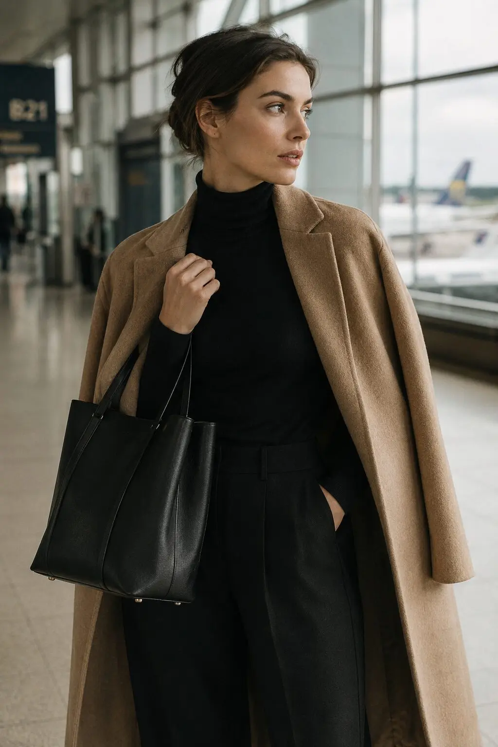 black turtleneck and trousers with camel wool coat draped over shoulders, travel day capsule outfit