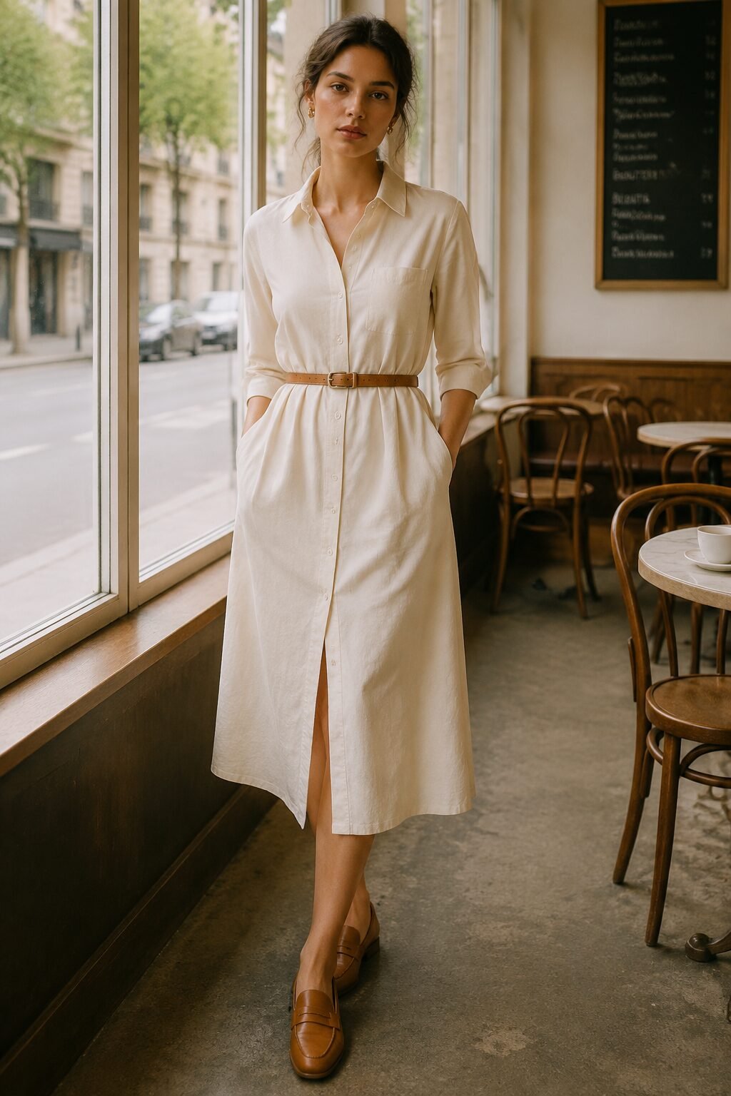 fall capsule wardrobe outfit idea: ivory belted shirtdress and loafers for a Wednesday coworker lunch
