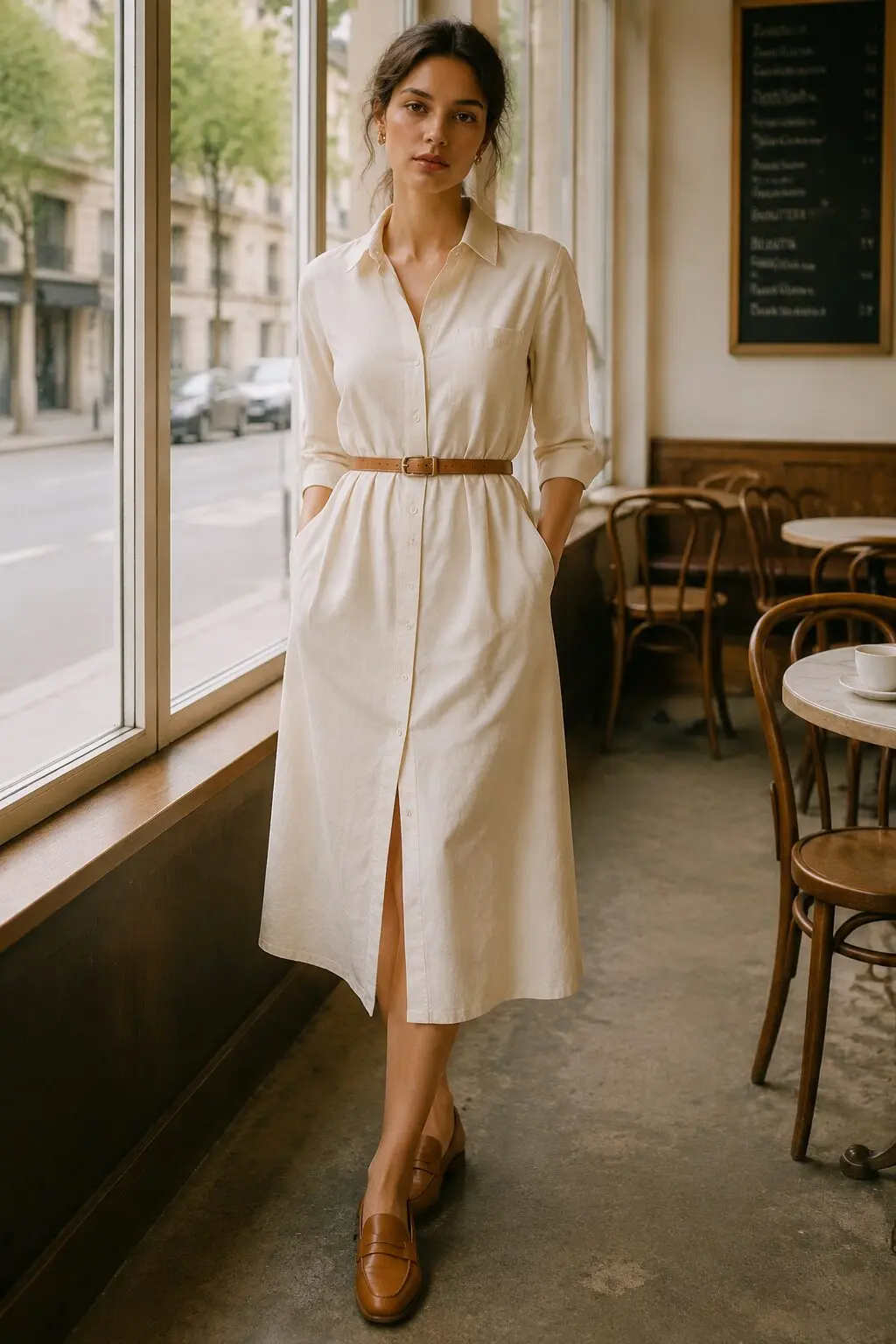 fall capsule wardrobe outfit idea: ivory belted shirtdress and loafers for a Wednesday coworker lunch