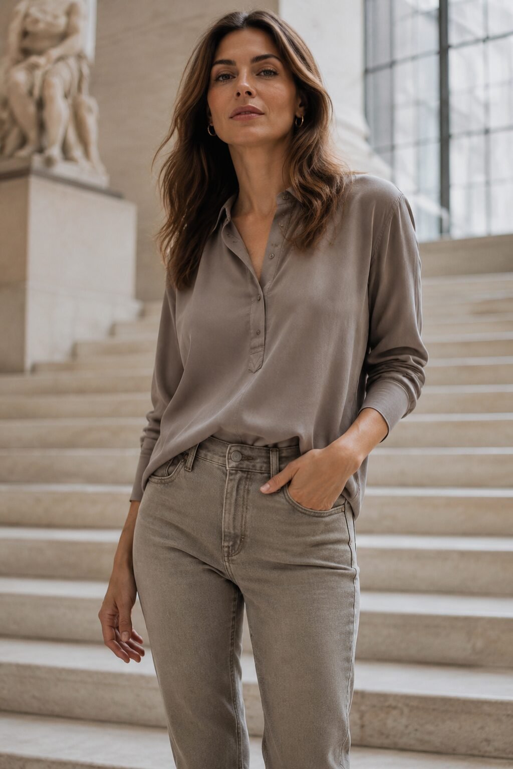Polished denim outfit: taupe popover blouse and slim straight-leg jeans styled for a museum day
