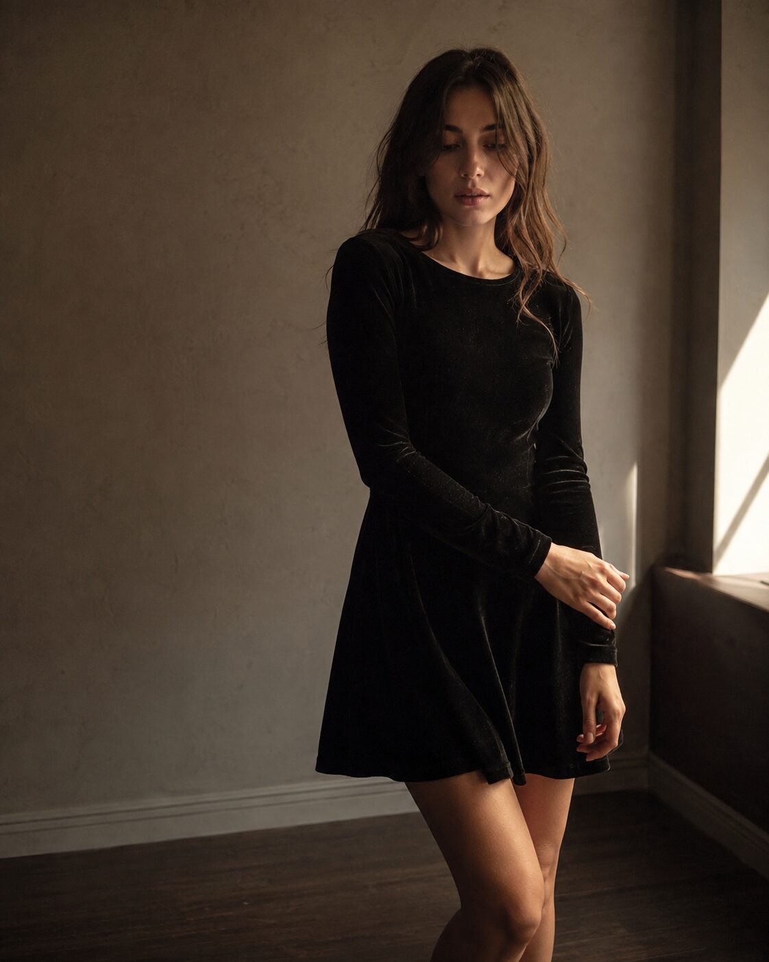 cheap christmas outfit look expensive: black velvet texture under soft evening light