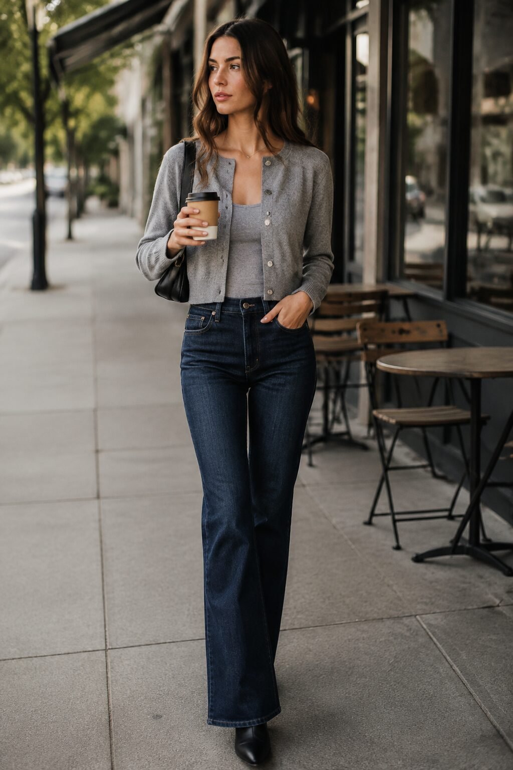 casual bootcut jeans outfit: soft grey cropped cardigan and tank over indigo denim