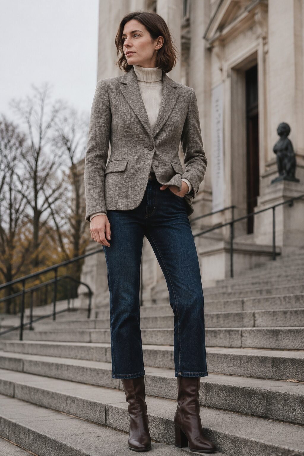 late-fall Carolyn Bessette jeans and blazer outfit: taupe birdseye blazer over cropped rinsed-indigo straight-leg jeans