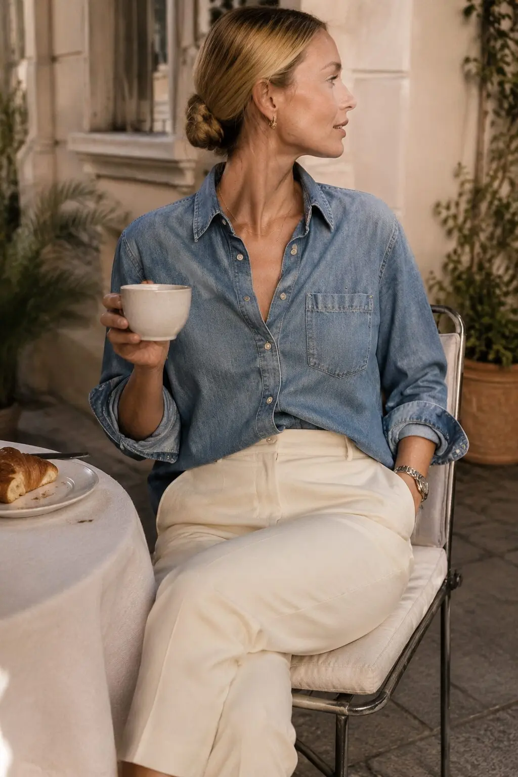 cream cigarette pants and chambray shirt outfit for weekend brunch