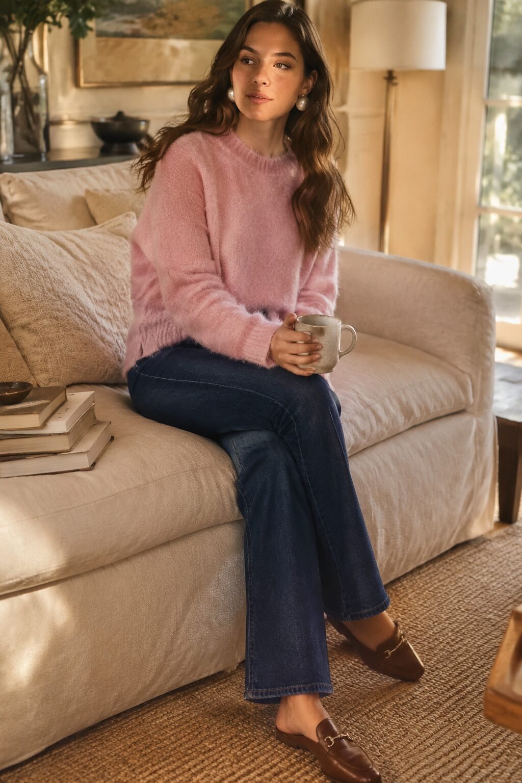 soft bootcut jeans outfit inspired by Carolyn Bessette Kennedy: powder pink angora sweater, pearl studs, and loafer mules for book club