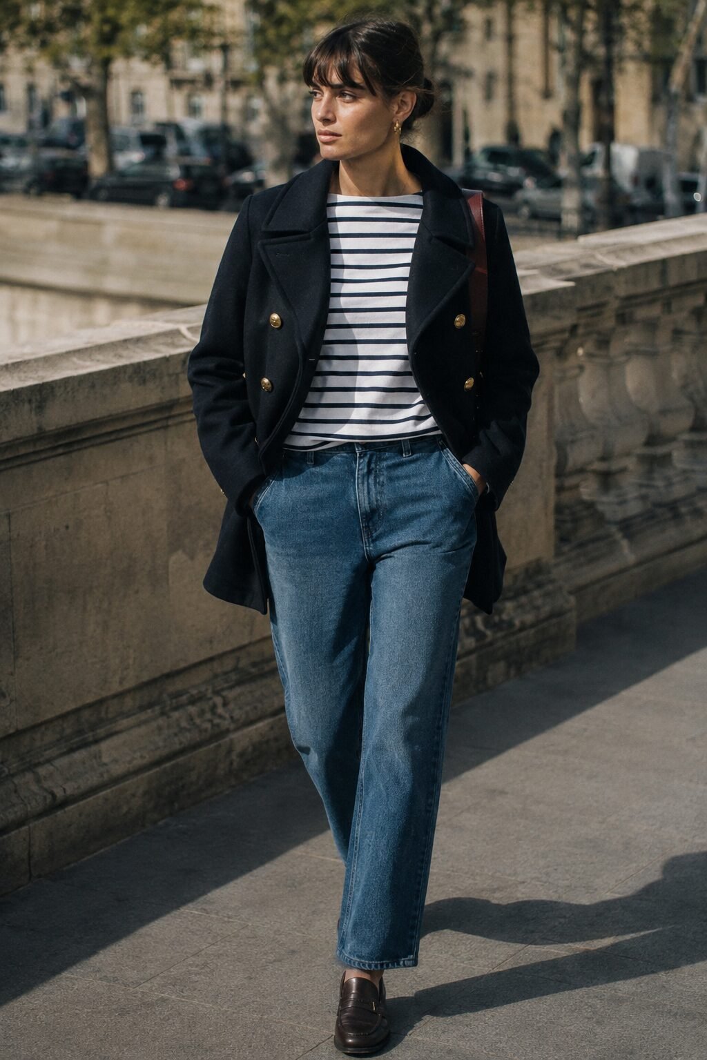 double-breasted navy peacoat, striped boatneck top, and straight jeans, 90s minimalist city outfit