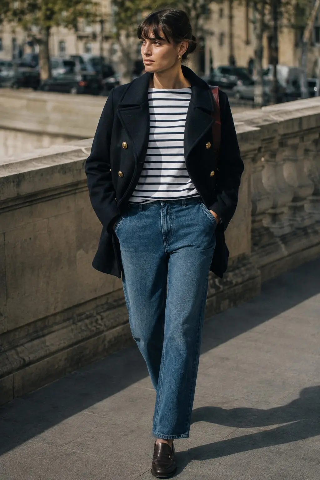 double-breasted navy peacoat, striped boatneck top, and straight jeans, 90s minimalist city outfit