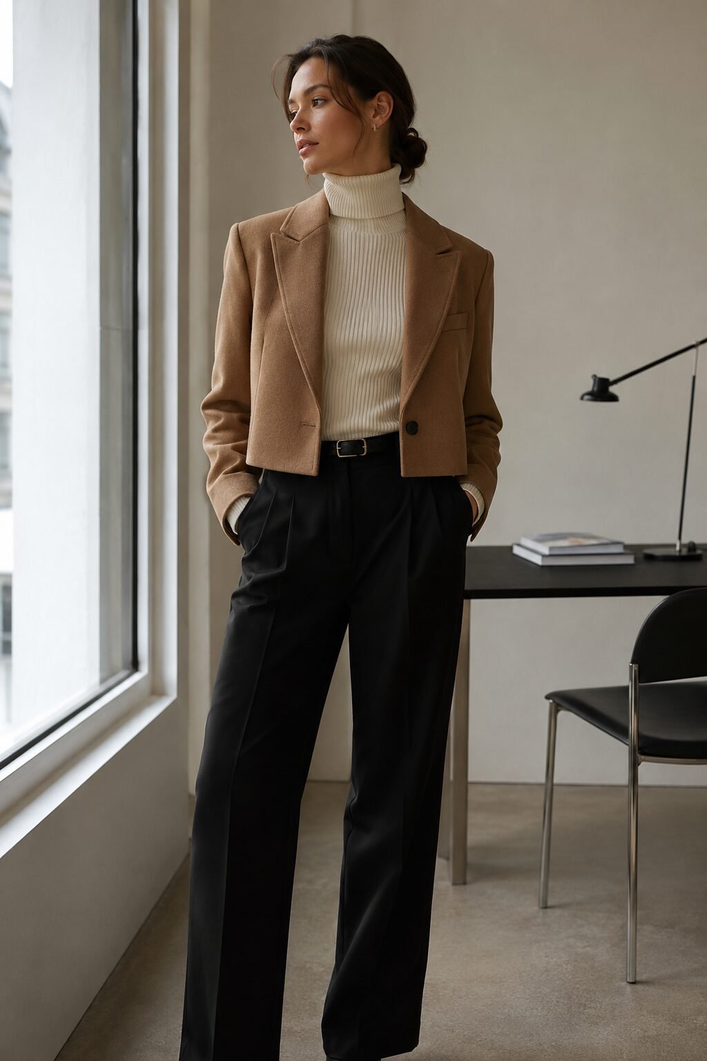 woman layering a camel blazer over an ivory turtleneck and tailored trousers for a polished winter office outfit