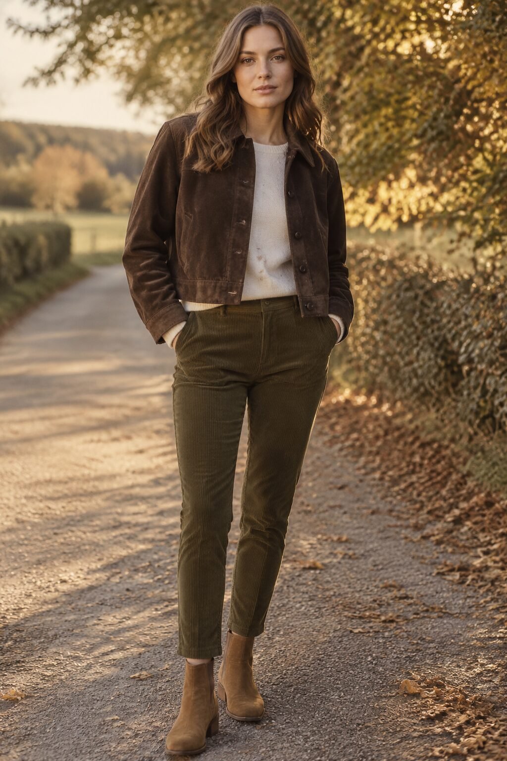 fall suede jacket outfit: chocolate suede jacket with corduroy trousers and tan suede ankle boots