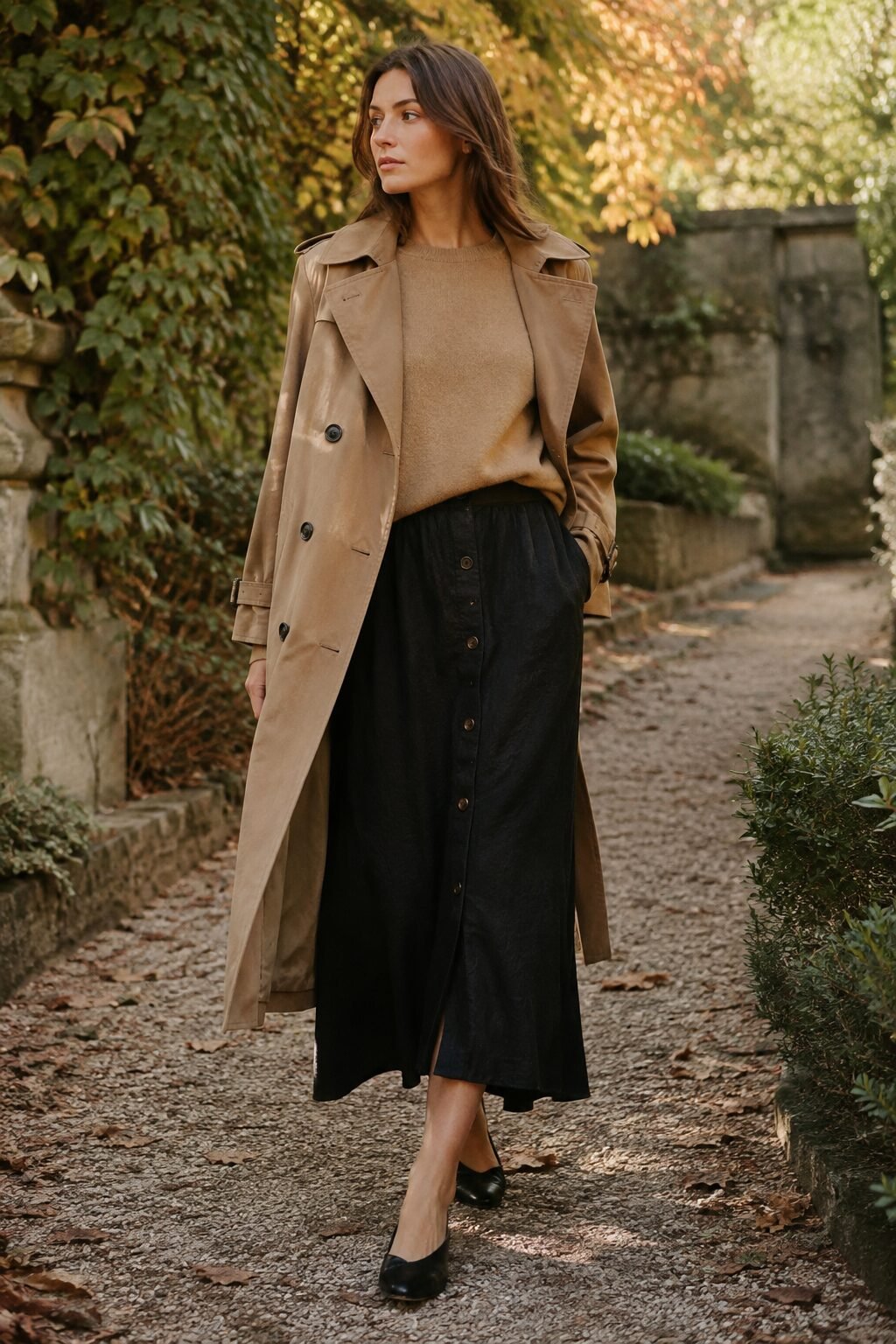 how to style a trench coat with a maxi skirt: camel trench coat, linen maxi skirt, and a camel cashmere sweater