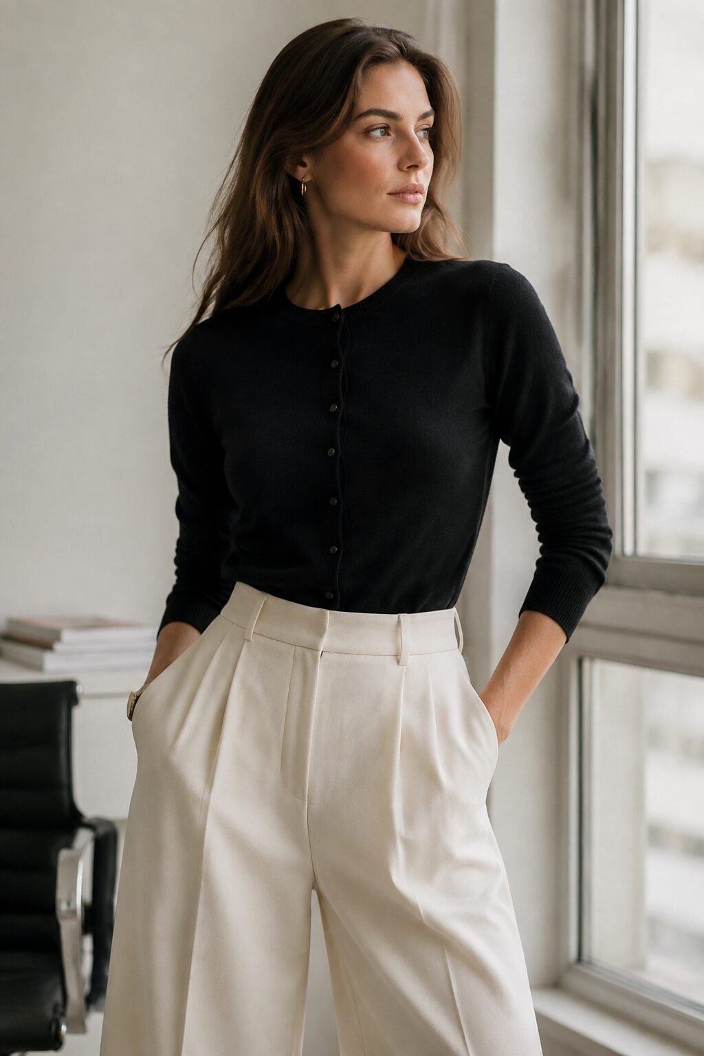 how to style a cardigan with wide-leg pants: black cashmere cardigan tucked into black wide-leg trousers, monochrome office outfit