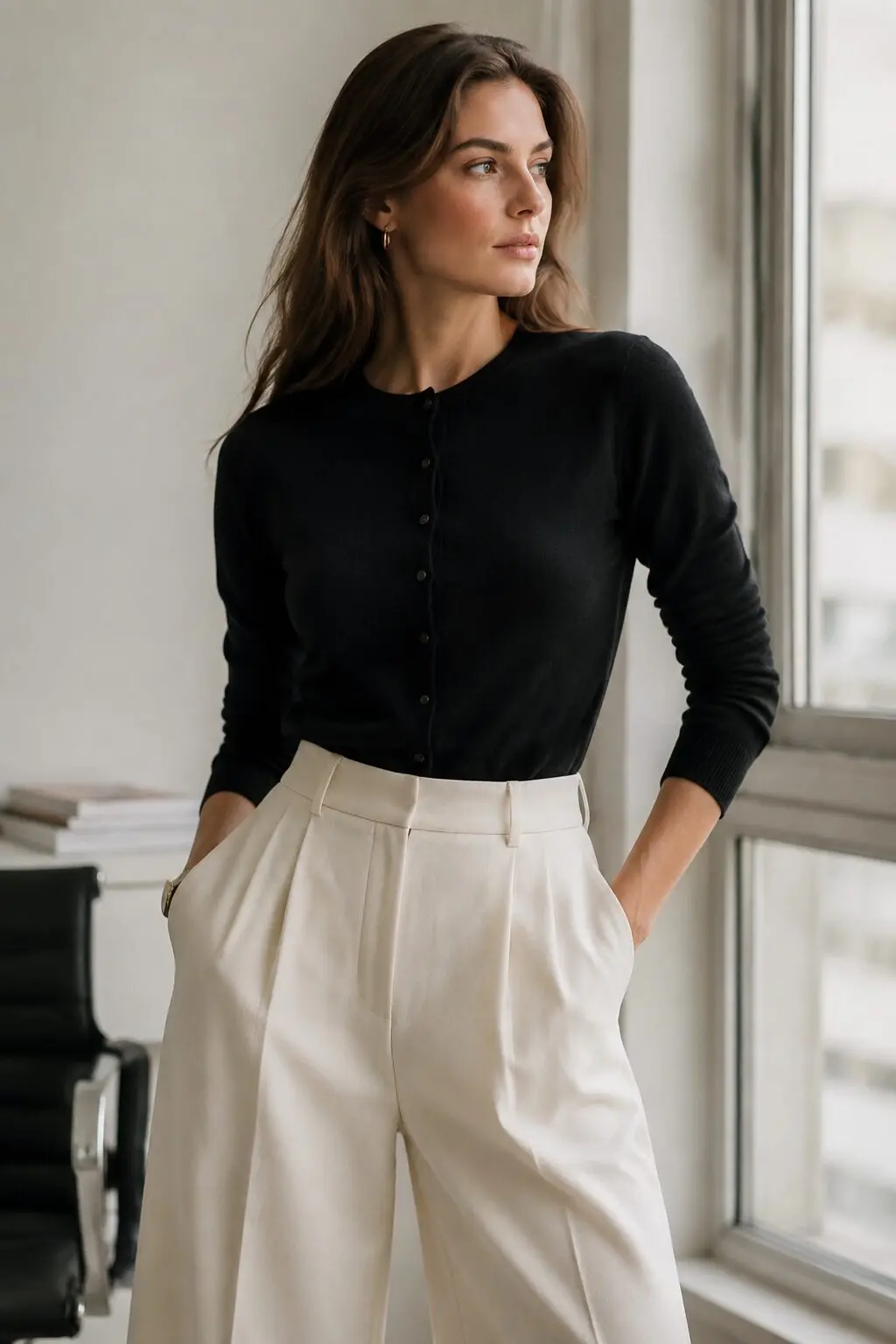 how to style a cardigan with wide-leg pants: black cashmere cardigan tucked into black wide-leg trousers, monochrome office outfit
